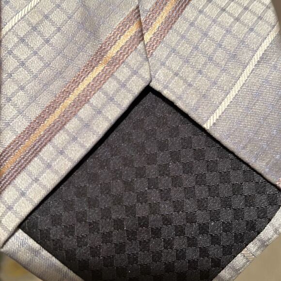 MCM 100% Silk Neck Tie Light Blue Gray Striped Grid Print Office Neutral - Picture 5 of 10